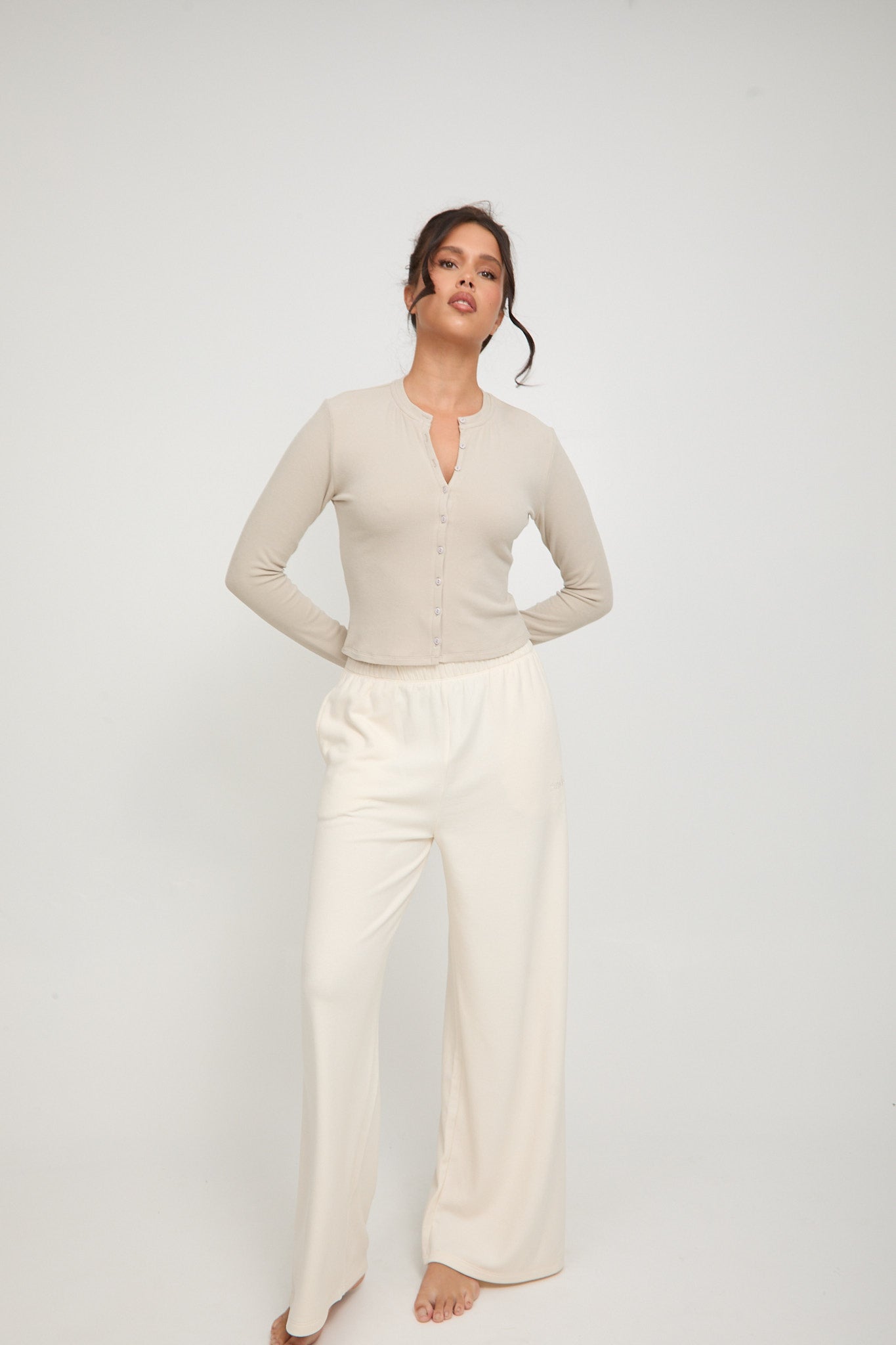 Cosy Brushed Ribbed Button Top - Oat