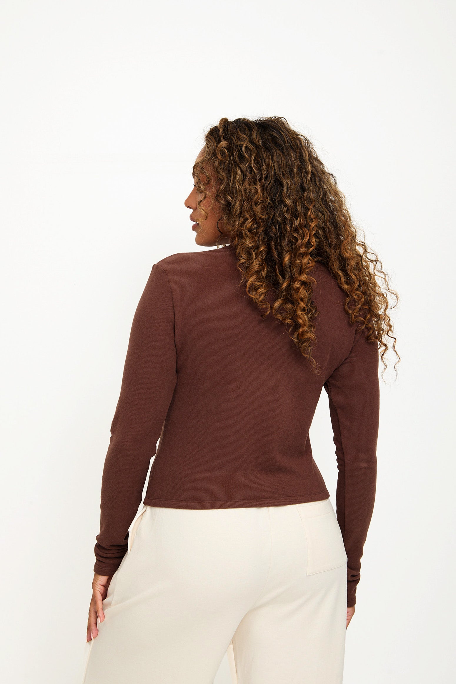 Cosy Brushed Ribbed Button Top - Walnut