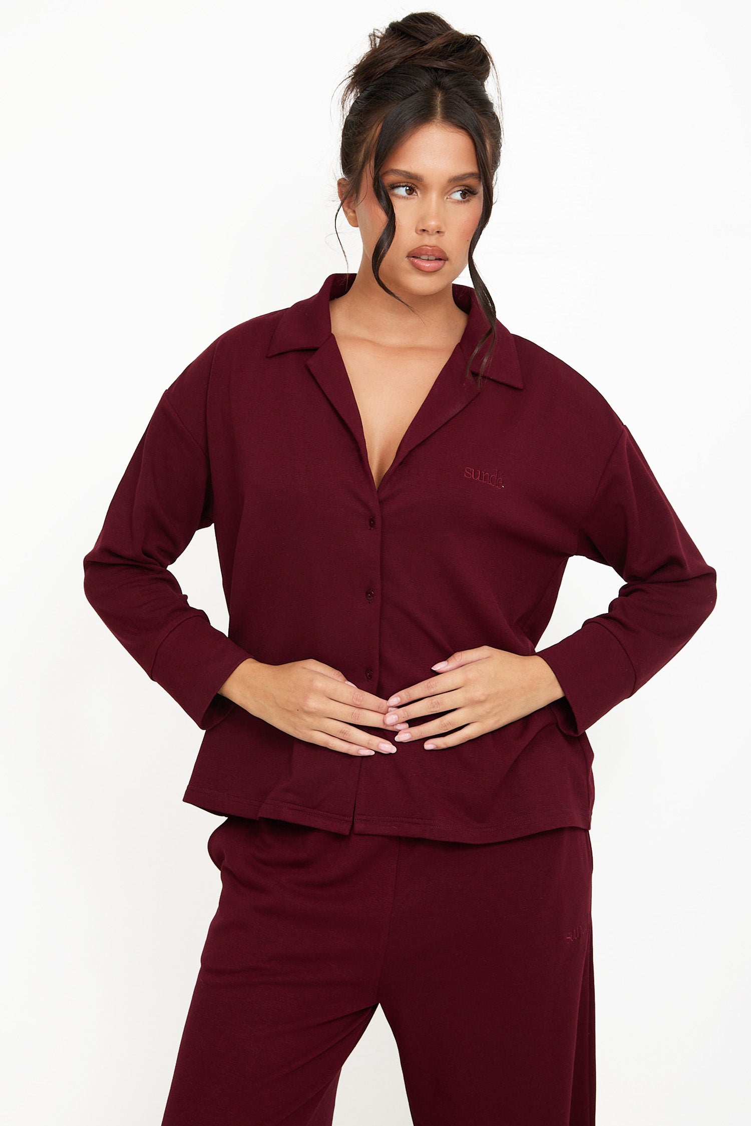 Cosy Brushed Thermal Pyjama Shirt - Cherry