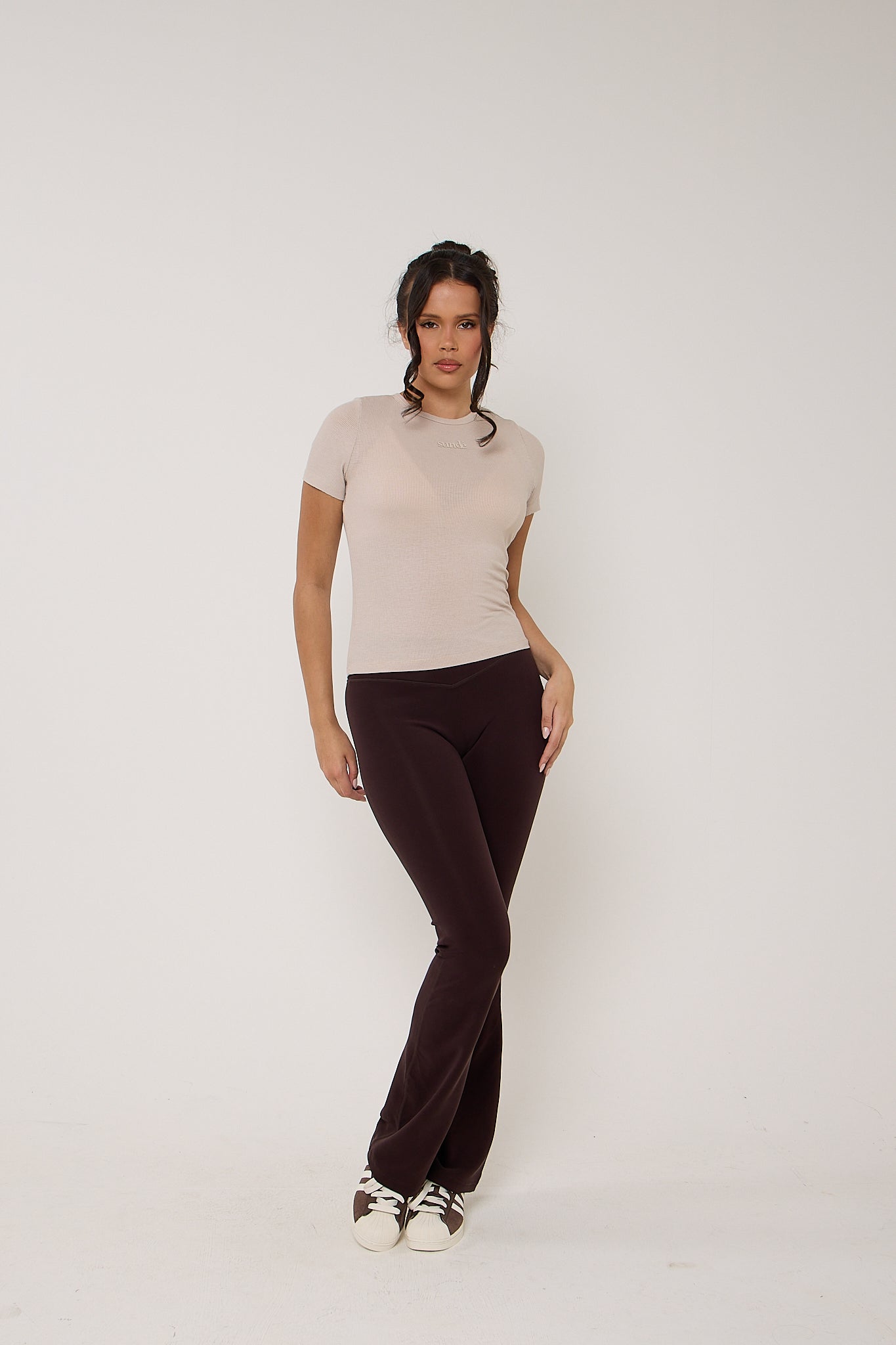 Velour Touch Wrap High-Waisted Flare Leggings - Espresso