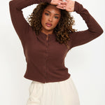Cosy Brushed Ribbed Button Top - Walnut - sundé