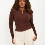Cosy Brushed Ribbed Button Top - Walnut - sundé