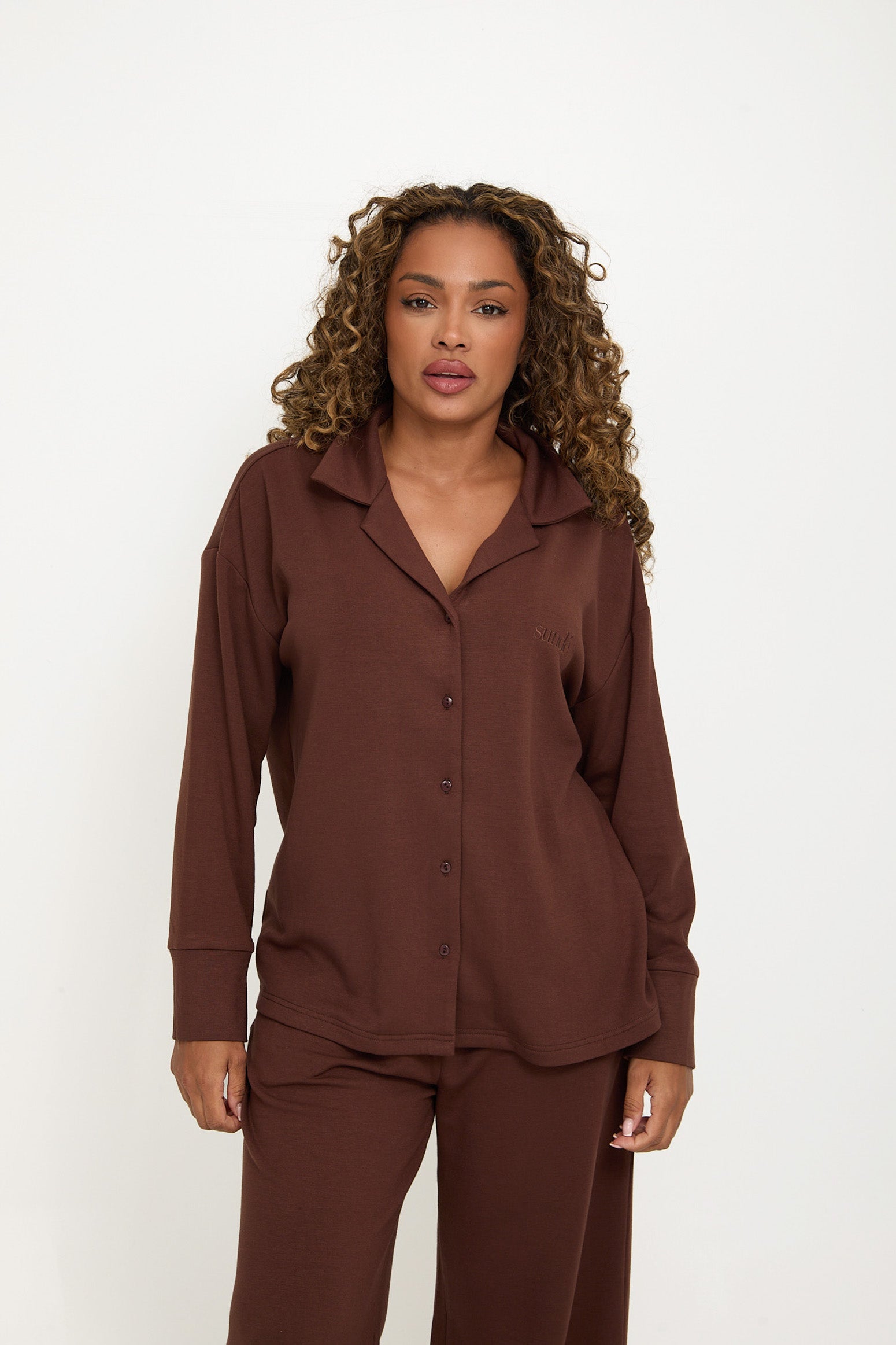 Cosy Brushed Thermal Pyjama Shirt - Walnut - sundé
