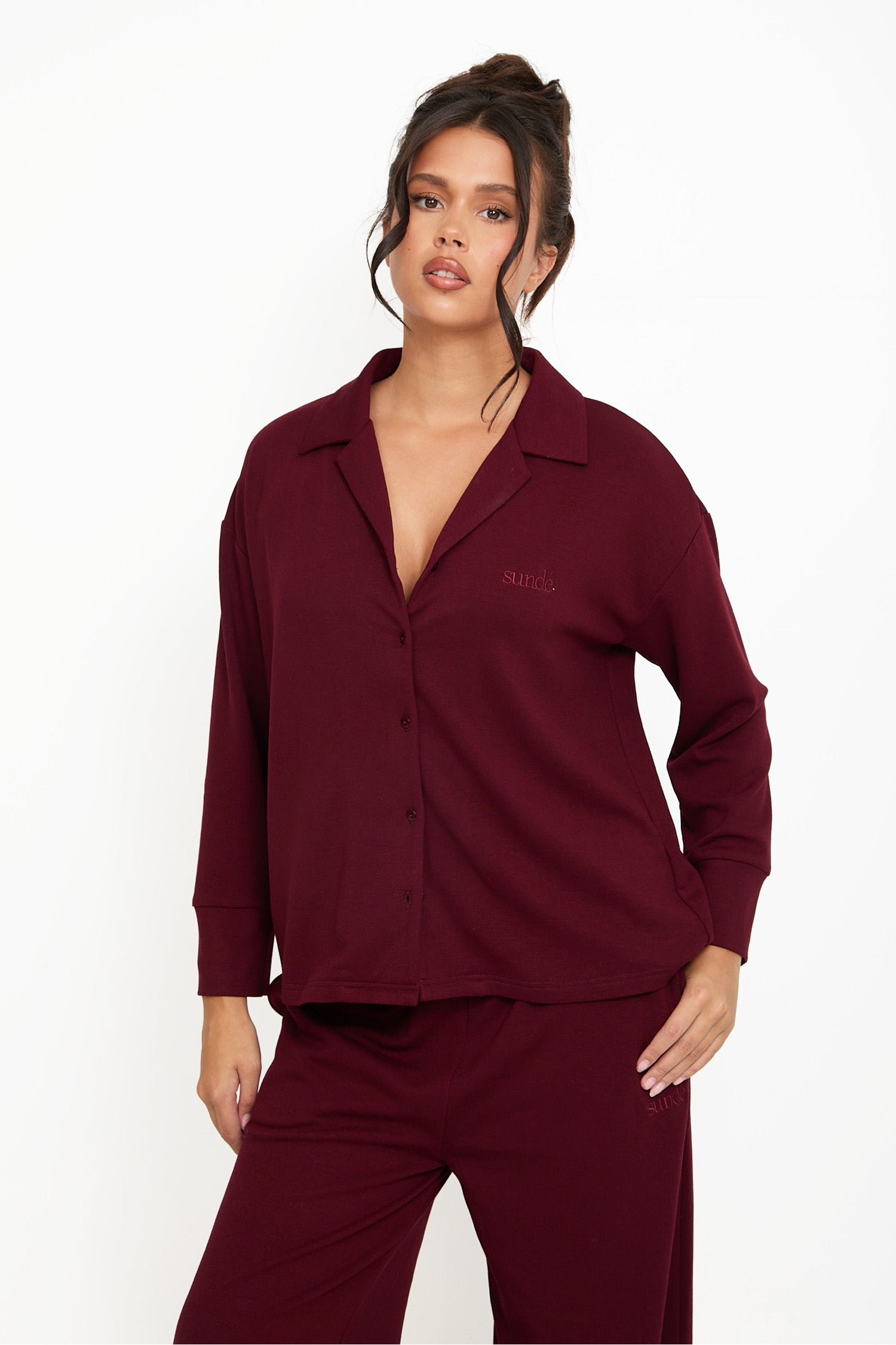 Cosy Brushed Thermal Pyjama Shirt - Cherry