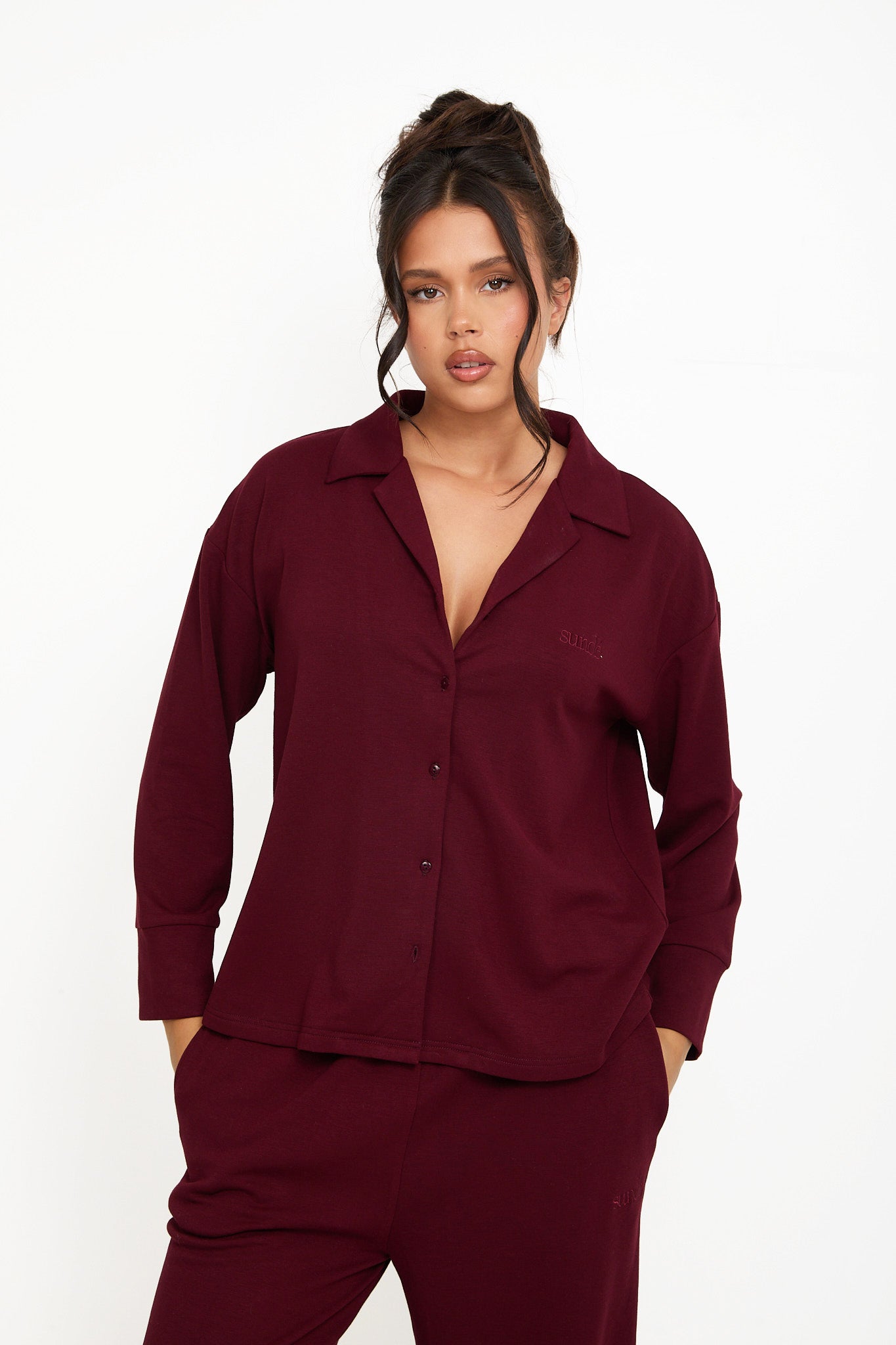 Cosy Brushed Thermal Pyjama Shirt - Cherry - sundé
