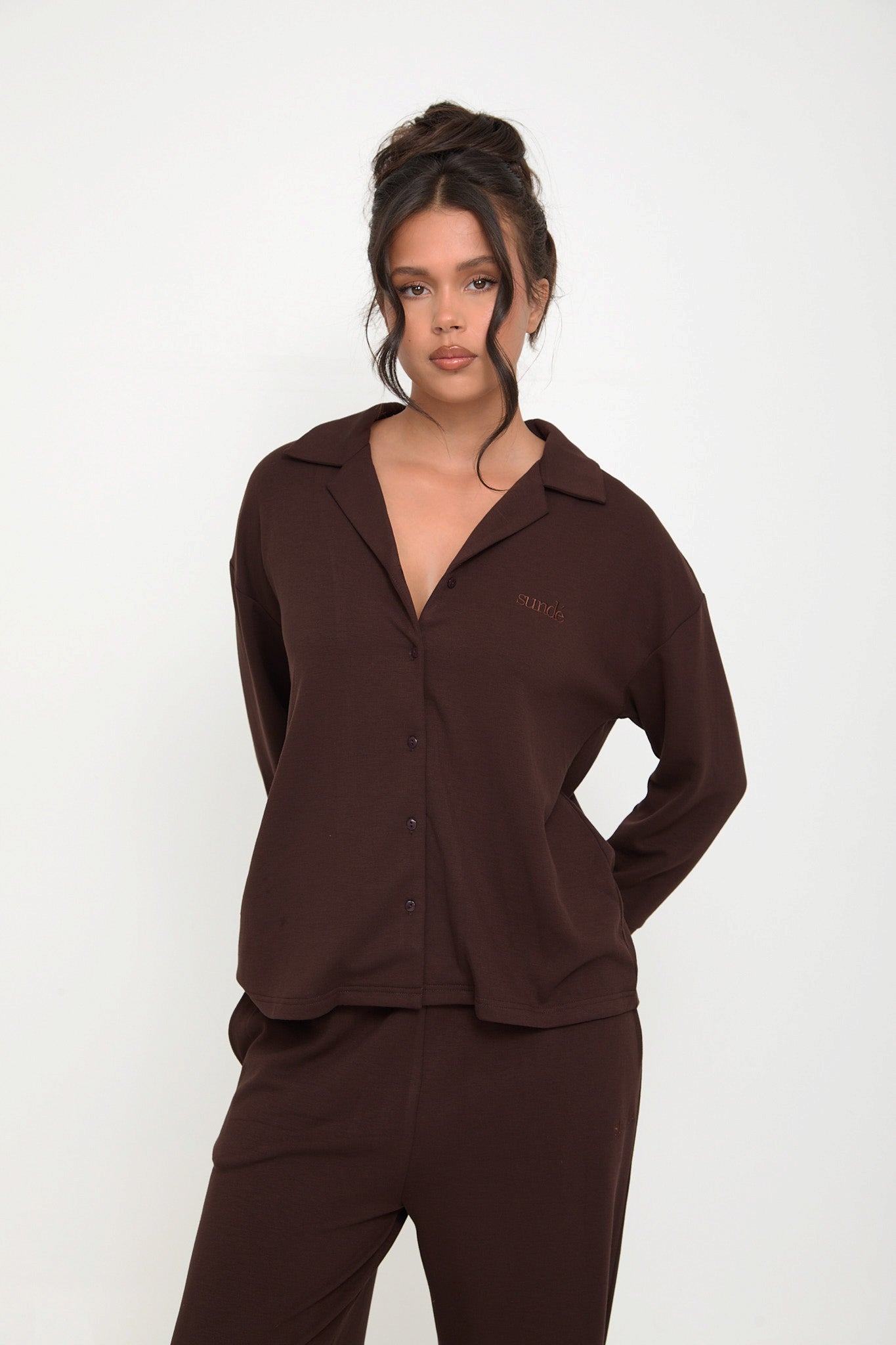Cosy Brushed Thermal Pyjama Shirt - Espresso - sundé