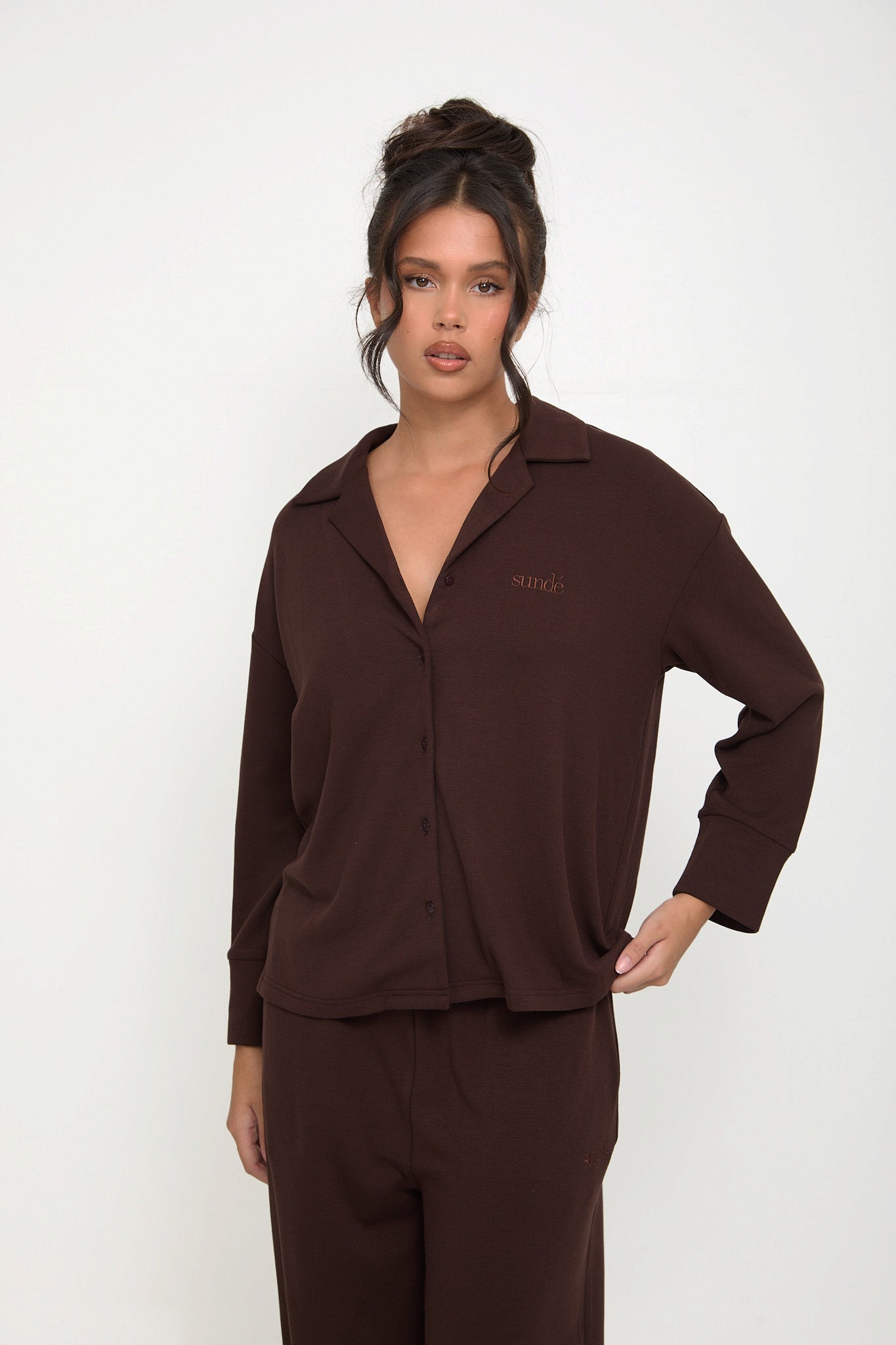 Cosy Brushed Thermal Pyjama Shirt - Espresso - sundé