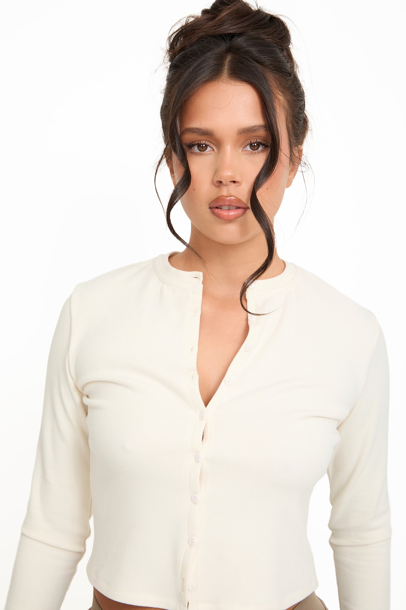 Cosy Brushed Ribbed Button Top - Cream - sundé