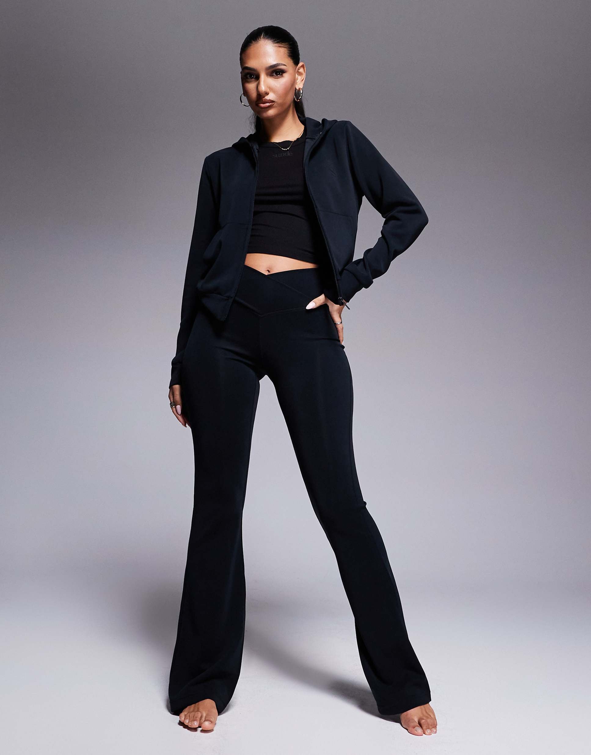 Velour Touch Wrap High-Waisted Flare Leggings - Washed Black