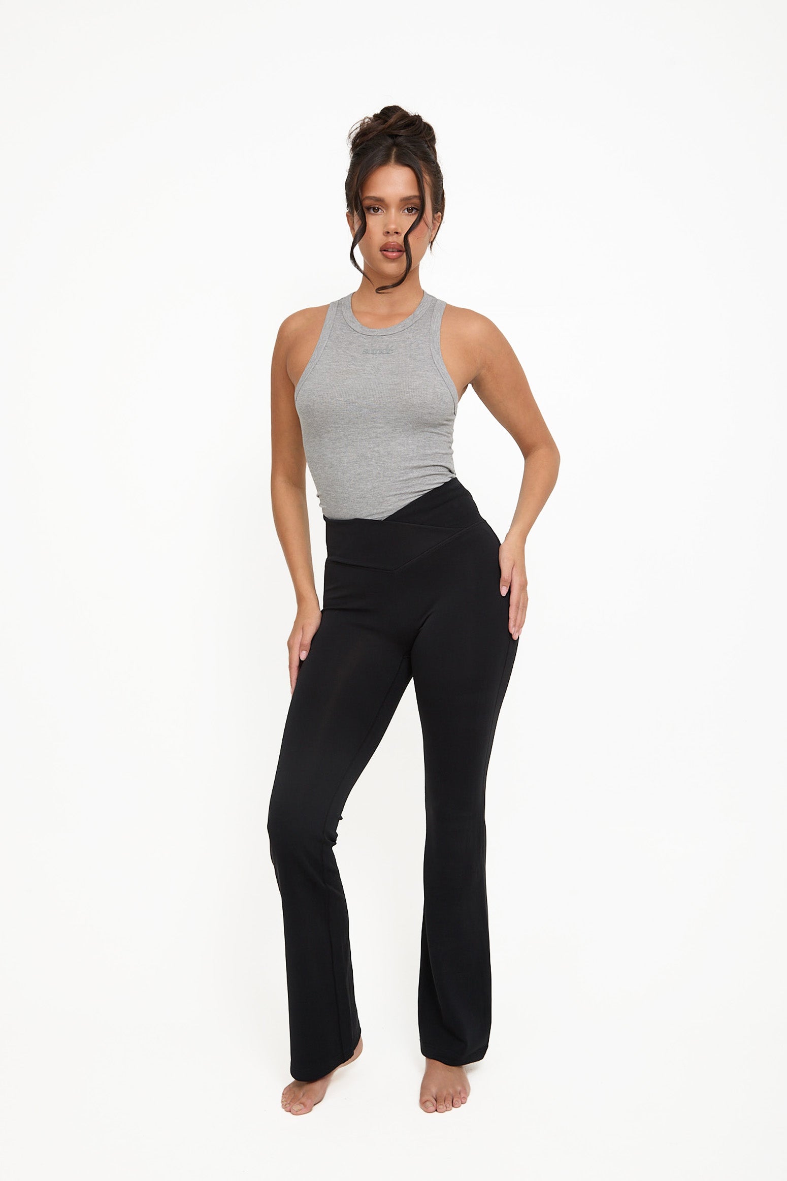 Velour Touch Wrap High-Waisted Flare Leggings - Washed Black - sundé