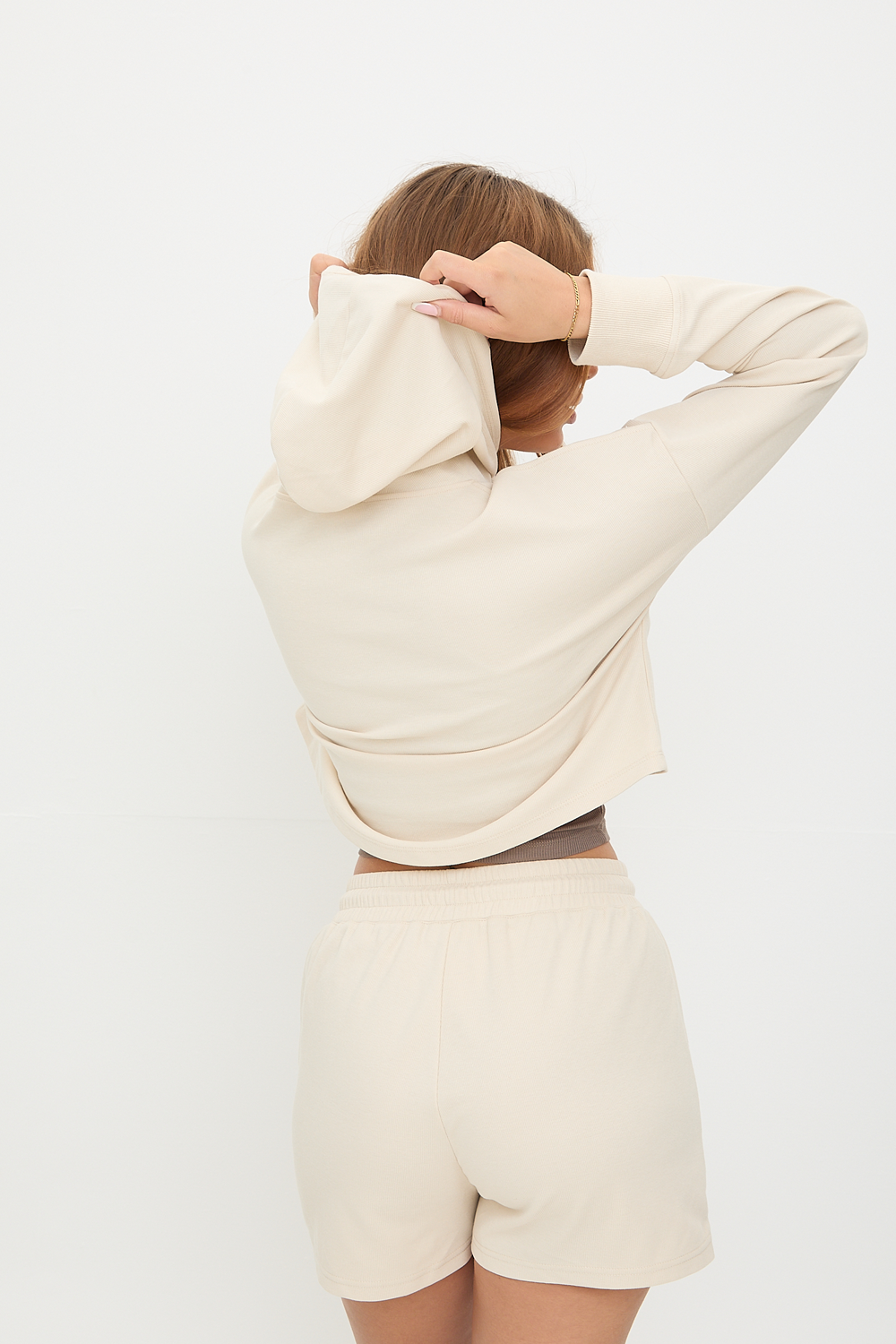 Cotton Blend Textured Cropped Hoodie – Lightweight Summer Layer  | Vanilla