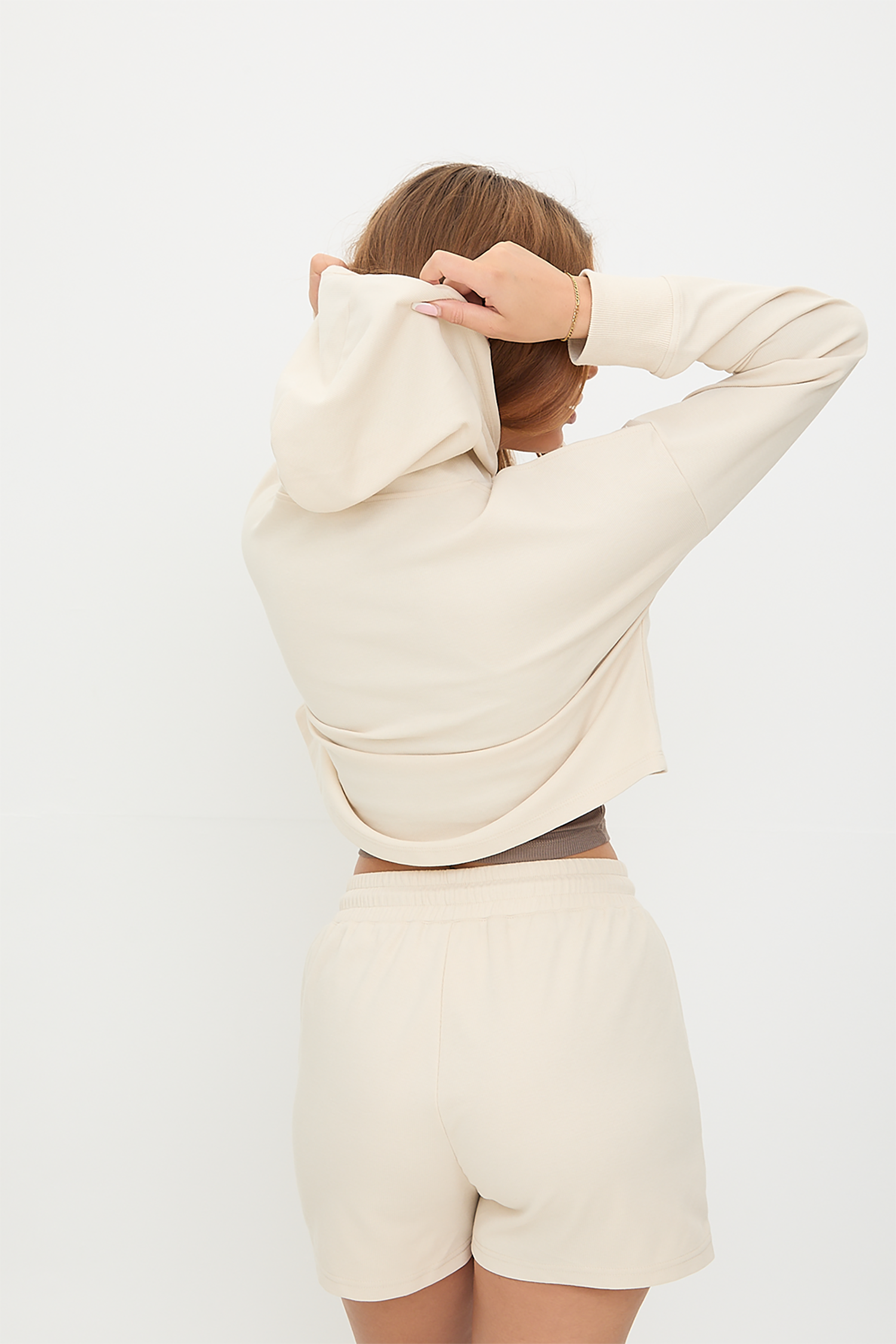 Cotton Blend Textured Cropped Hoodie – Lightweight Summer Layer  | Vanilla